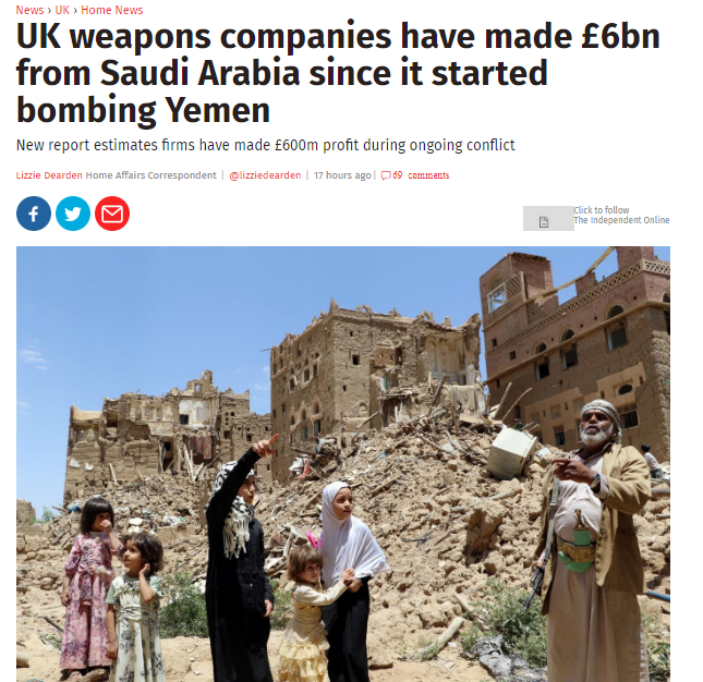 الاندبندنت تكشف بالأرقام أرباح شركات الأسلحة البريطانية من بيع الأسلحة للسعودية منذ بدأ قصف اليمن